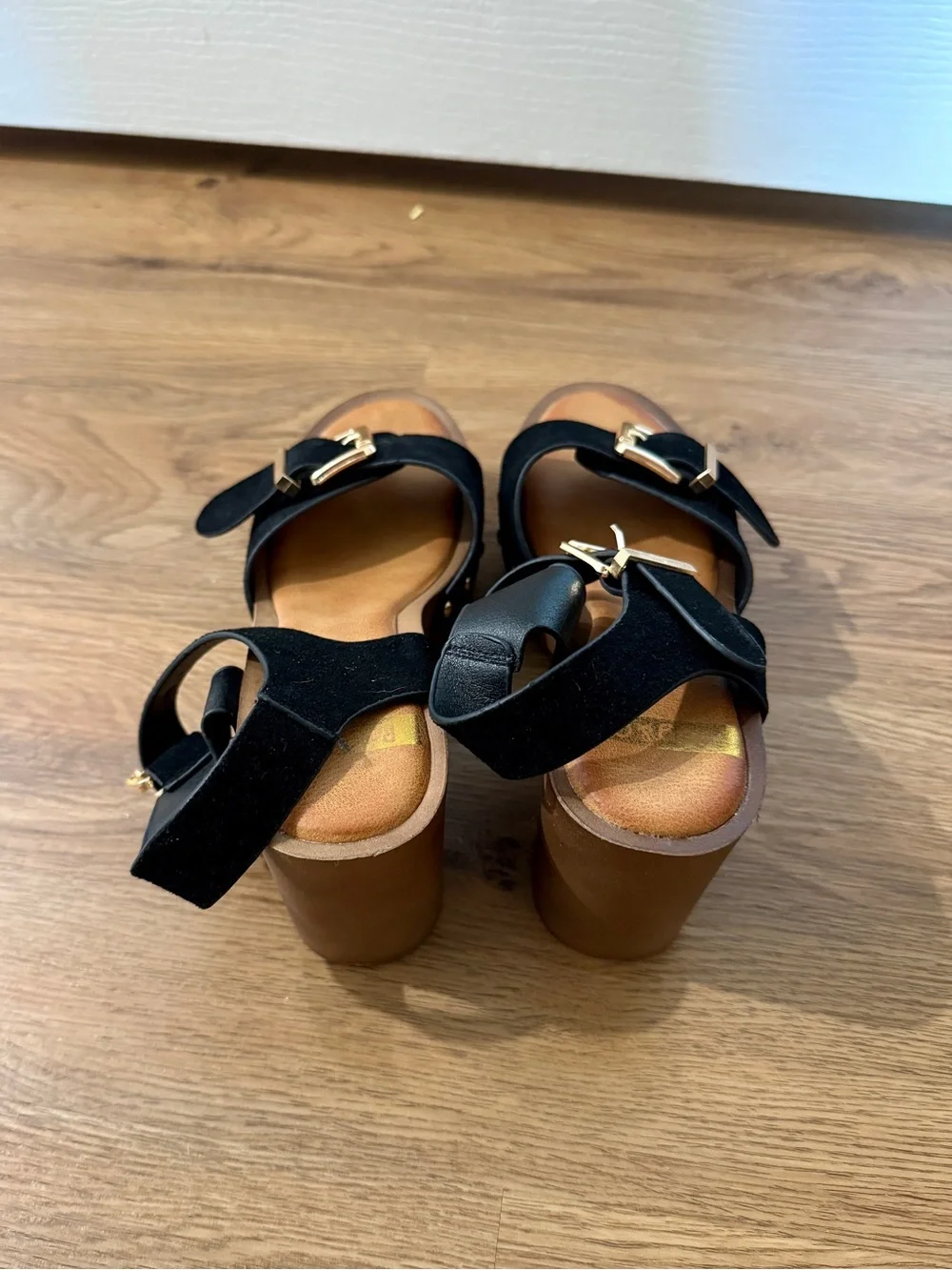Black Platform Sandals with Gold Buckles